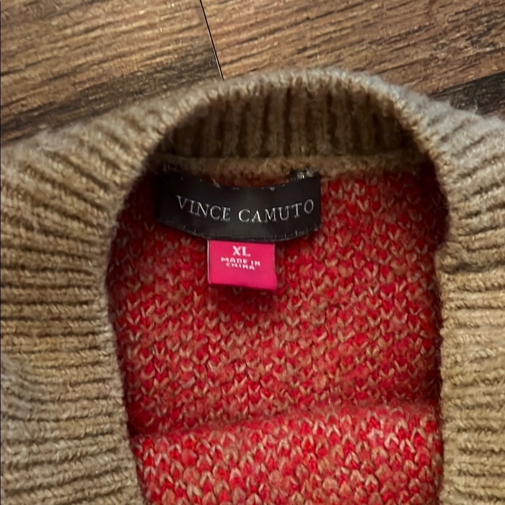 Vince Camuto Red and Tan Heart Knit Crew Neck Sweater - Picture 2 of 2